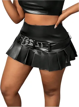 MakeMeChic Women's PU Leather Y2K Skirts Low Waisted Buckle Belted Pleated Mini Skater Skirts