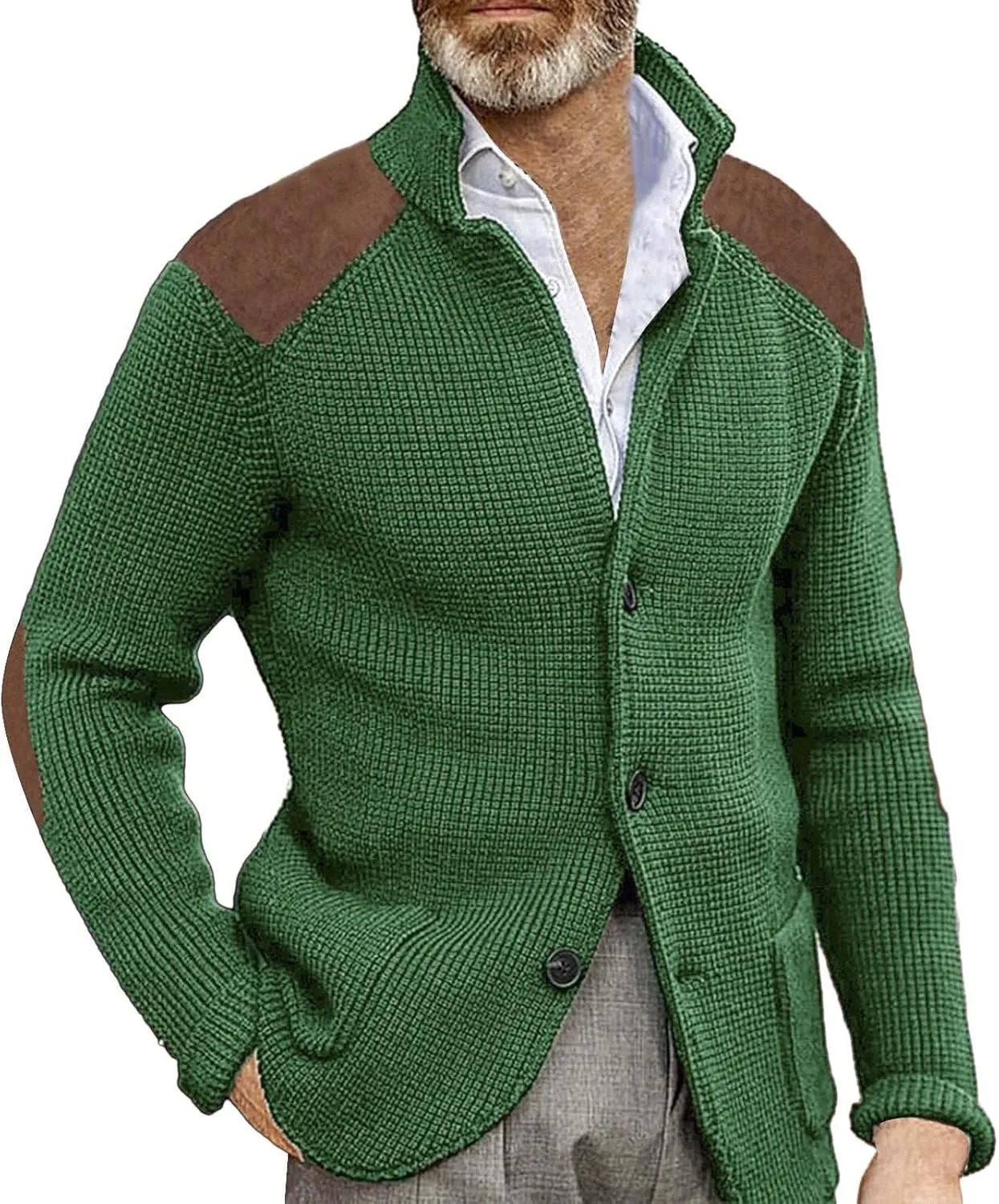 Men's Cable Knit Cardigan Sweater Western Vintage Button-Up Casual Chunky Thermal Sweatshirt Coats with Elbow Patches