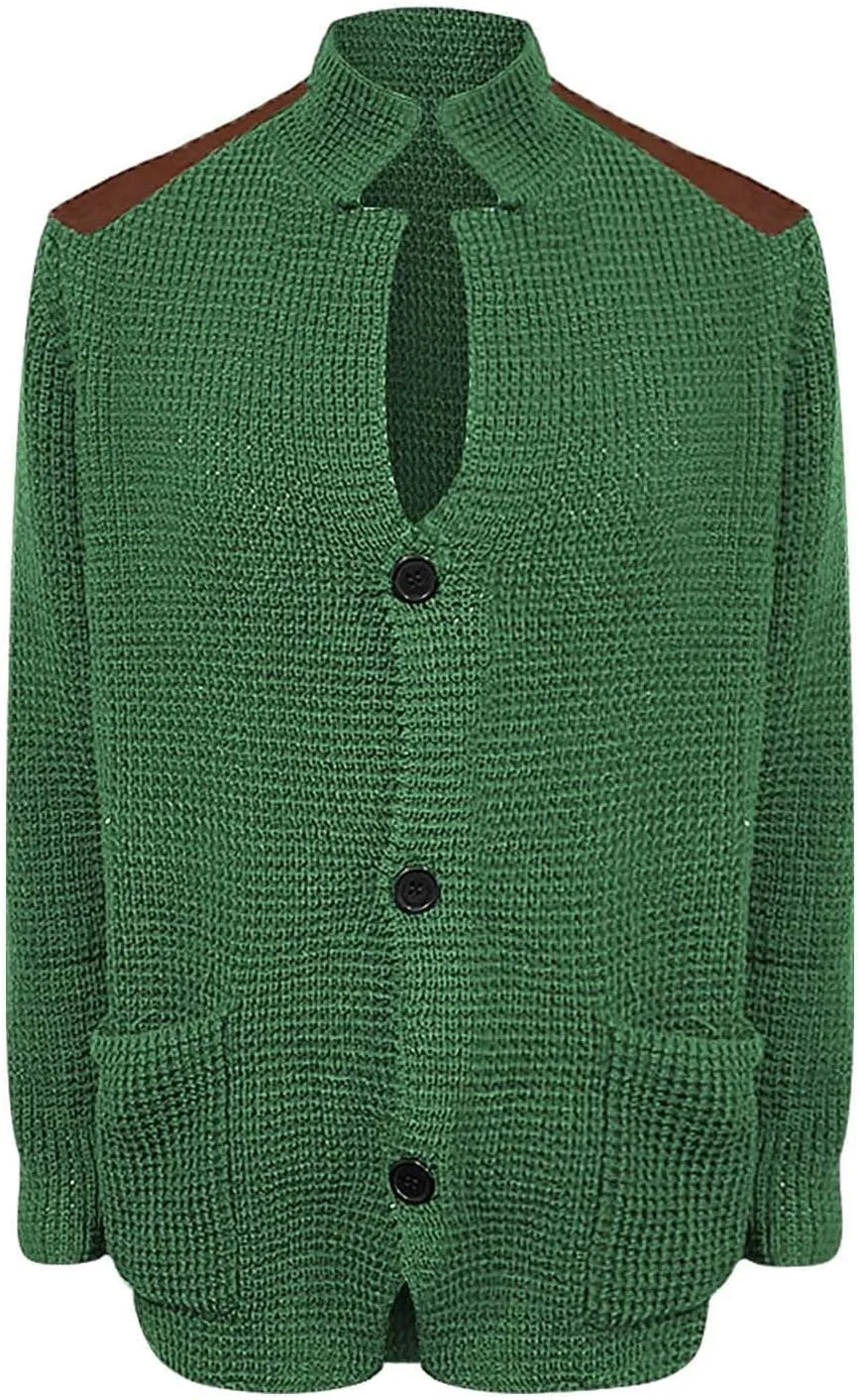 Men's Cable Knit Cardigan Sweater Western Vintage Button-Up Casual Chunky Thermal Sweatshirt Coats with Elbow Patches