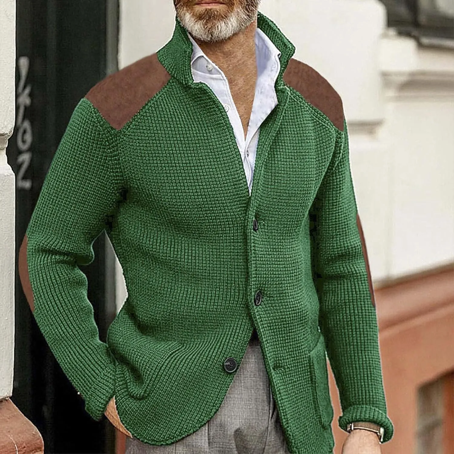 Men's Cable Knit Cardigan Sweater Western Vintage Button-Up Casual Chunky Thermal Sweatshirt Coats with Elbow Patches