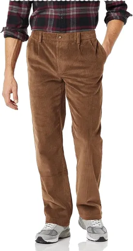 Men's Corduroy Pants Casual Classic-Fit Pleated Front Straight Cord Pants Trouser
