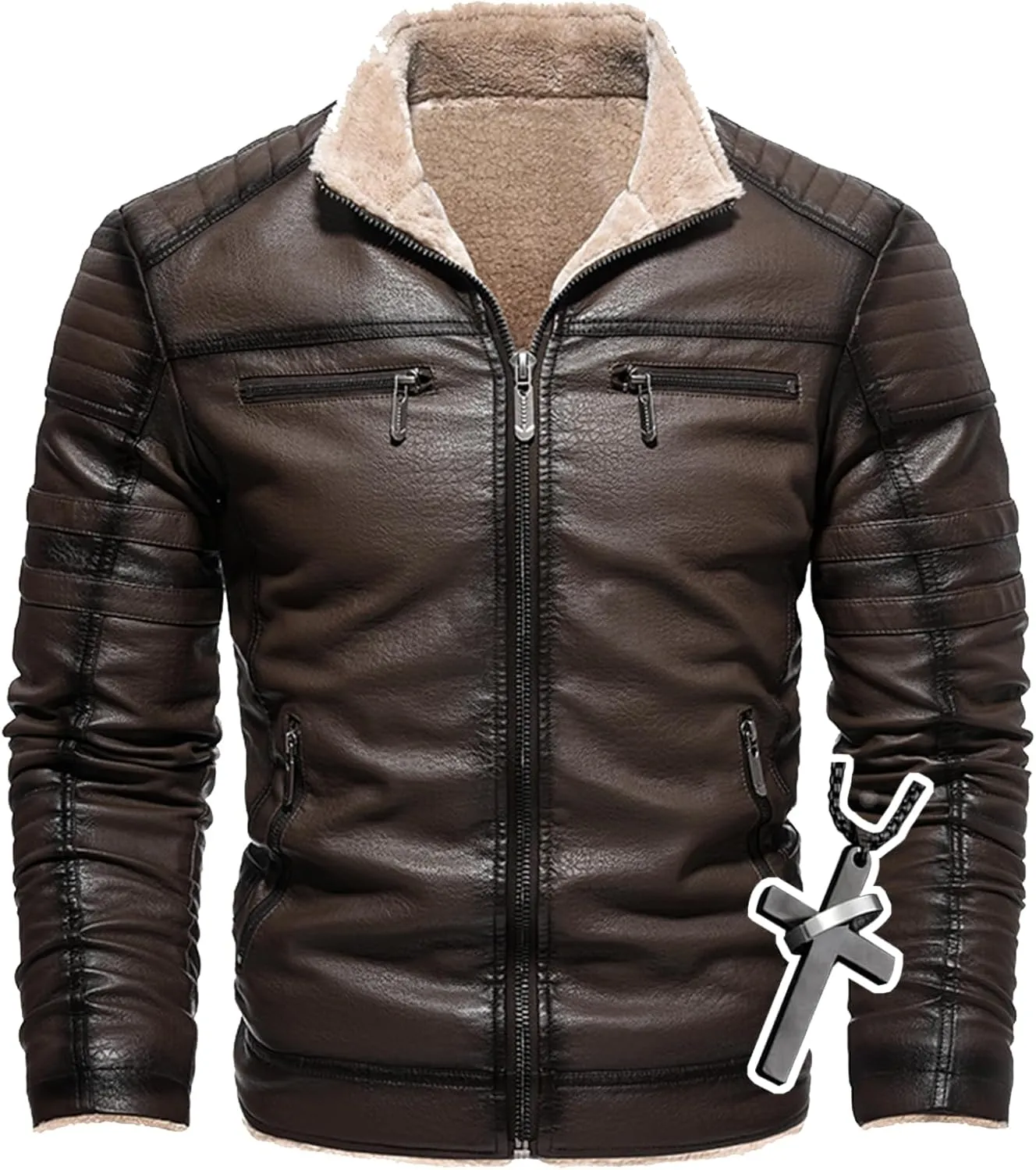 Men's Lamb Wool Bomber Coat Faux Leather Sherpa Fleece Lined Jackets Heavyweight Suede Warm Winter Biker Coat