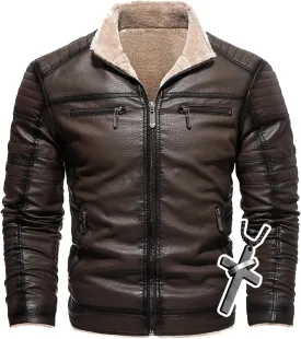 Men's Lamb Wool Bomber Coat Faux Leather Sherpa Fleece Lined Jackets Heavyweight Suede Warm Winter Biker Coat