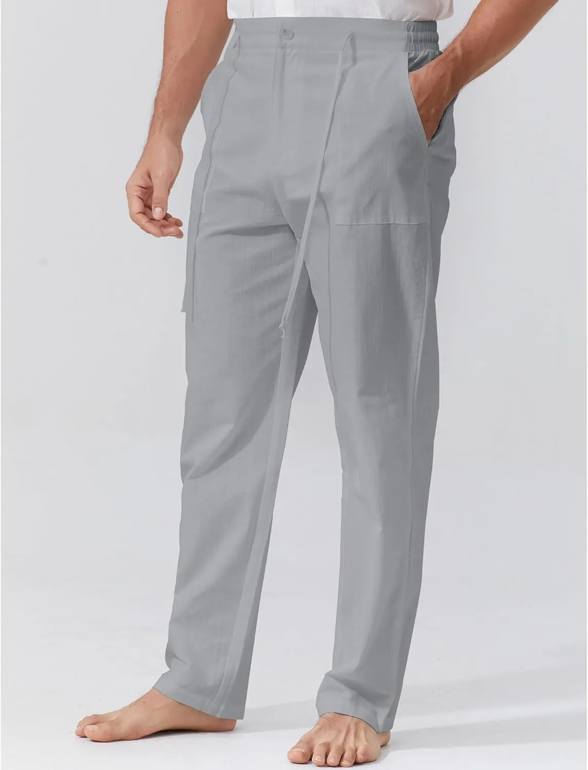 Mens Linen Pants Elastic Waist Summer Pants Relaxed Fit Lightweight Yoga Beach Casual Pants with Pockets