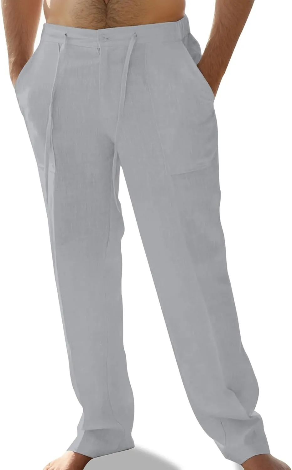 Mens Linen Pants Elastic Waist Summer Pants Relaxed Fit Lightweight Yoga Beach Casual Pants with Pockets
