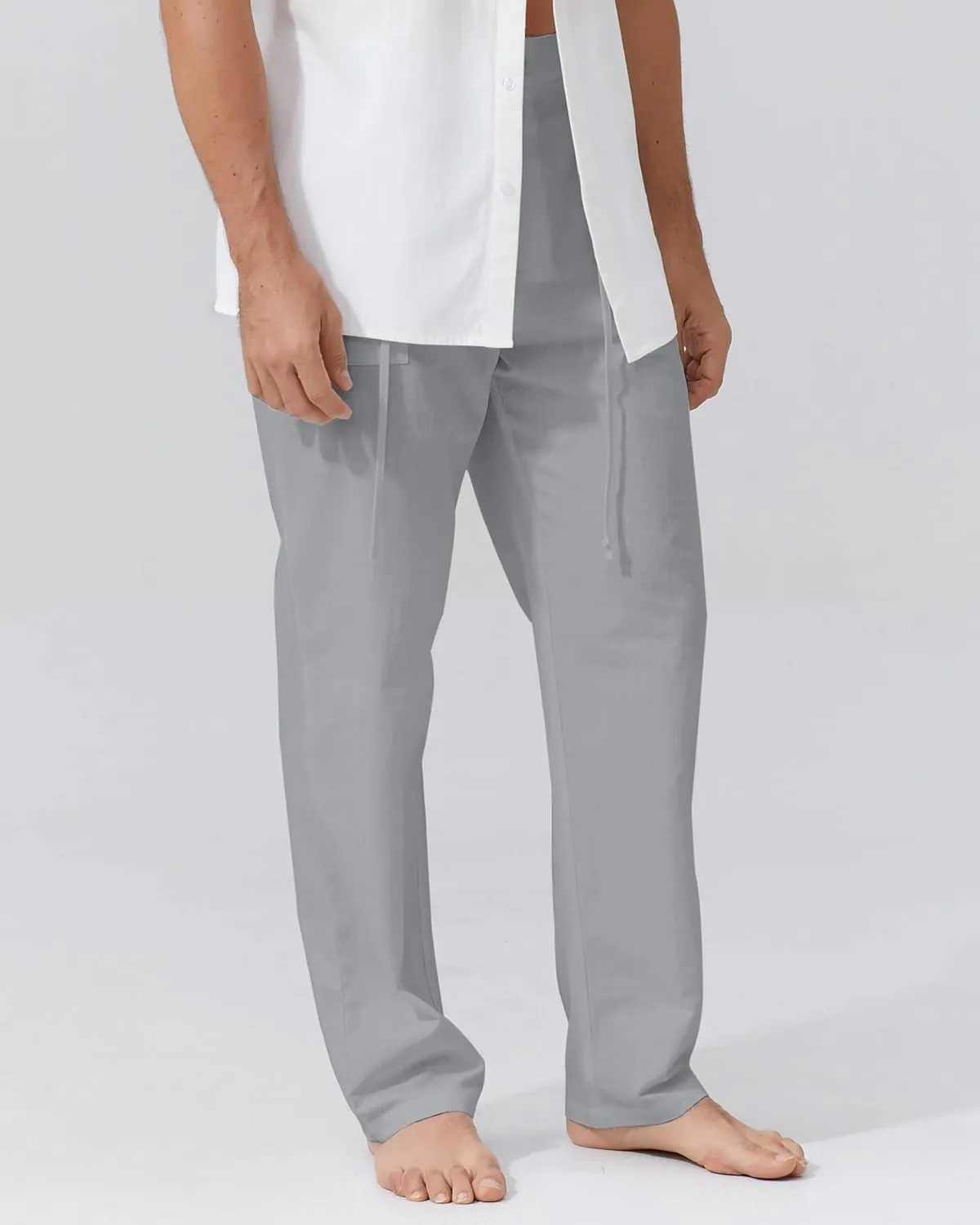 Mens Linen Pants Elastic Waist Summer Pants Relaxed Fit Lightweight Yoga Beach Casual Pants with Pockets