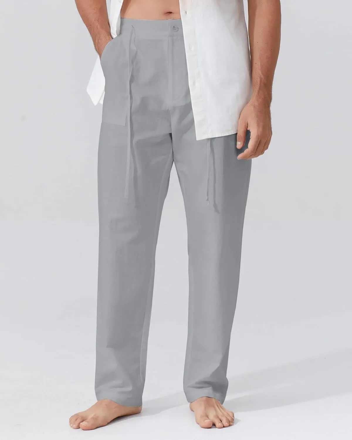 Mens Linen Pants Elastic Waist Summer Pants Relaxed Fit Lightweight Yoga Beach Casual Pants with Pockets