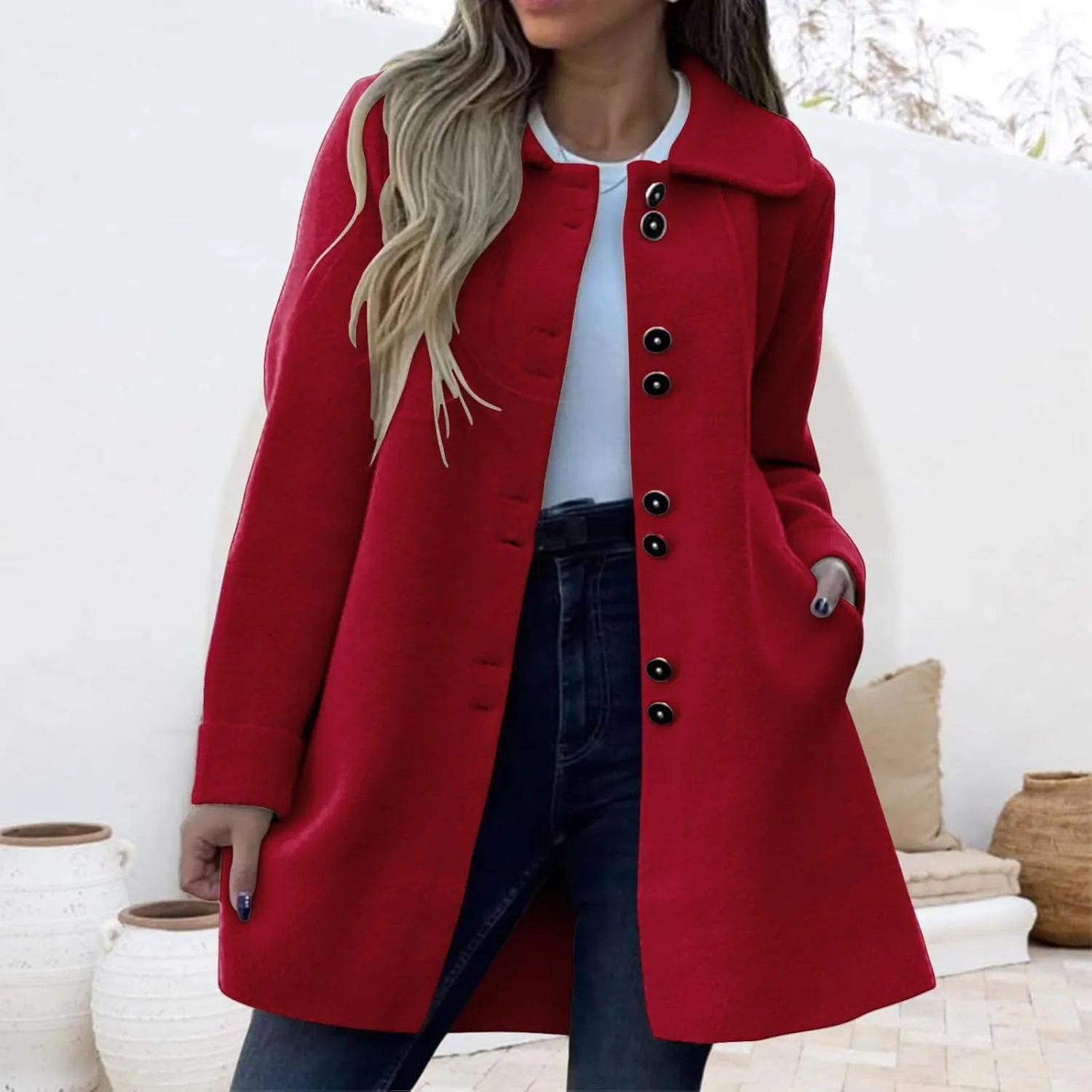 Mmoneyake Womens Pea Coat Elegant Single Breasted Trench Coat Classic Wool Blend Overcoat Warm Winter Dress Coat Plus Size