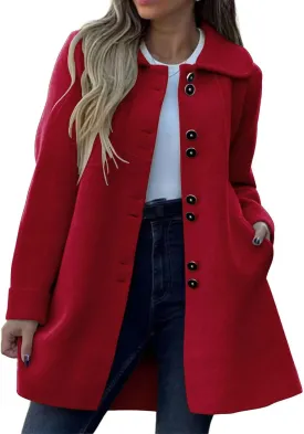 Mmoneyake Womens Pea Coat Elegant Single Breasted Trench Coat Classic Wool Blend Overcoat Warm Winter Dress Coat Plus Size
