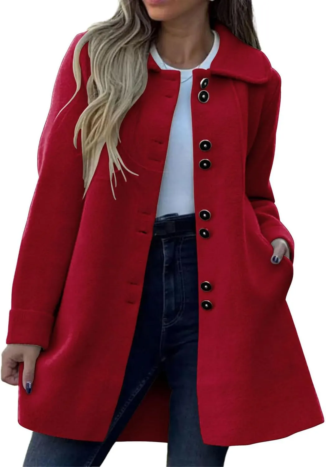 Mmoneyake Womens Pea Coat Elegant Single Breasted Trench Coat Classic Wool Blend Overcoat Warm Winter Dress Coat Plus Size