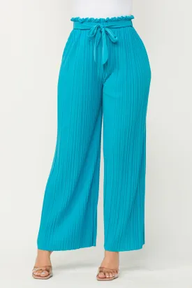 Ocean Blue Pleated Wide Leg Paperback Self Tie Pants