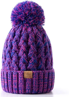 PAGE ONE Womens Winter Ribbed Beanie Crossed Cap Chunky Cable Knit Pompom Soft Warm Hat