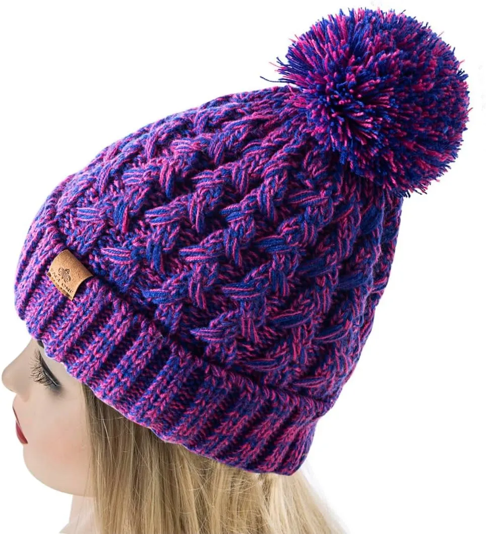 PAGE ONE Womens Winter Ribbed Beanie Crossed Cap Chunky Cable Knit Pompom Soft Warm Hat