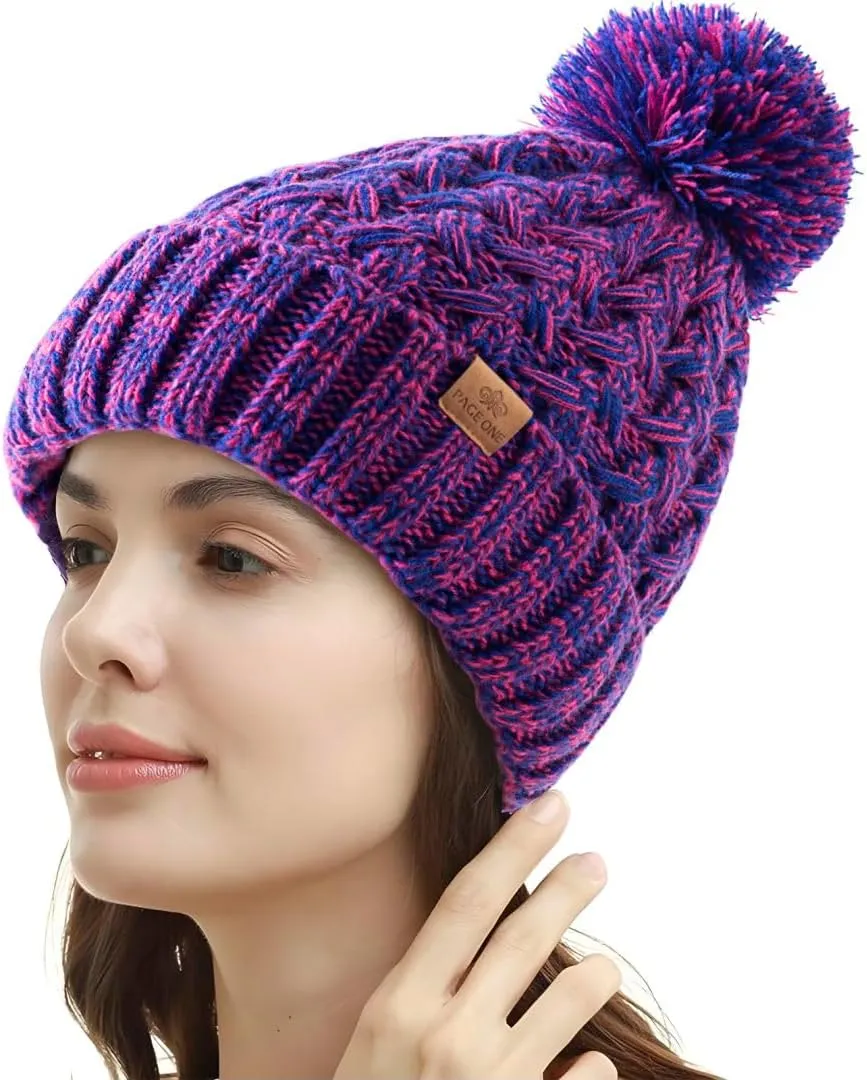 PAGE ONE Womens Winter Ribbed Beanie Crossed Cap Chunky Cable Knit Pompom Soft Warm Hat