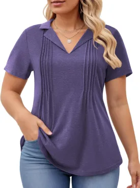 ROSRISS Plus-Size-Womens-Summer-Tops Casual Polo V Neck Work T Shirts Cute Flowy Pleated Blouses Trendy Short Sleeve Tunics
