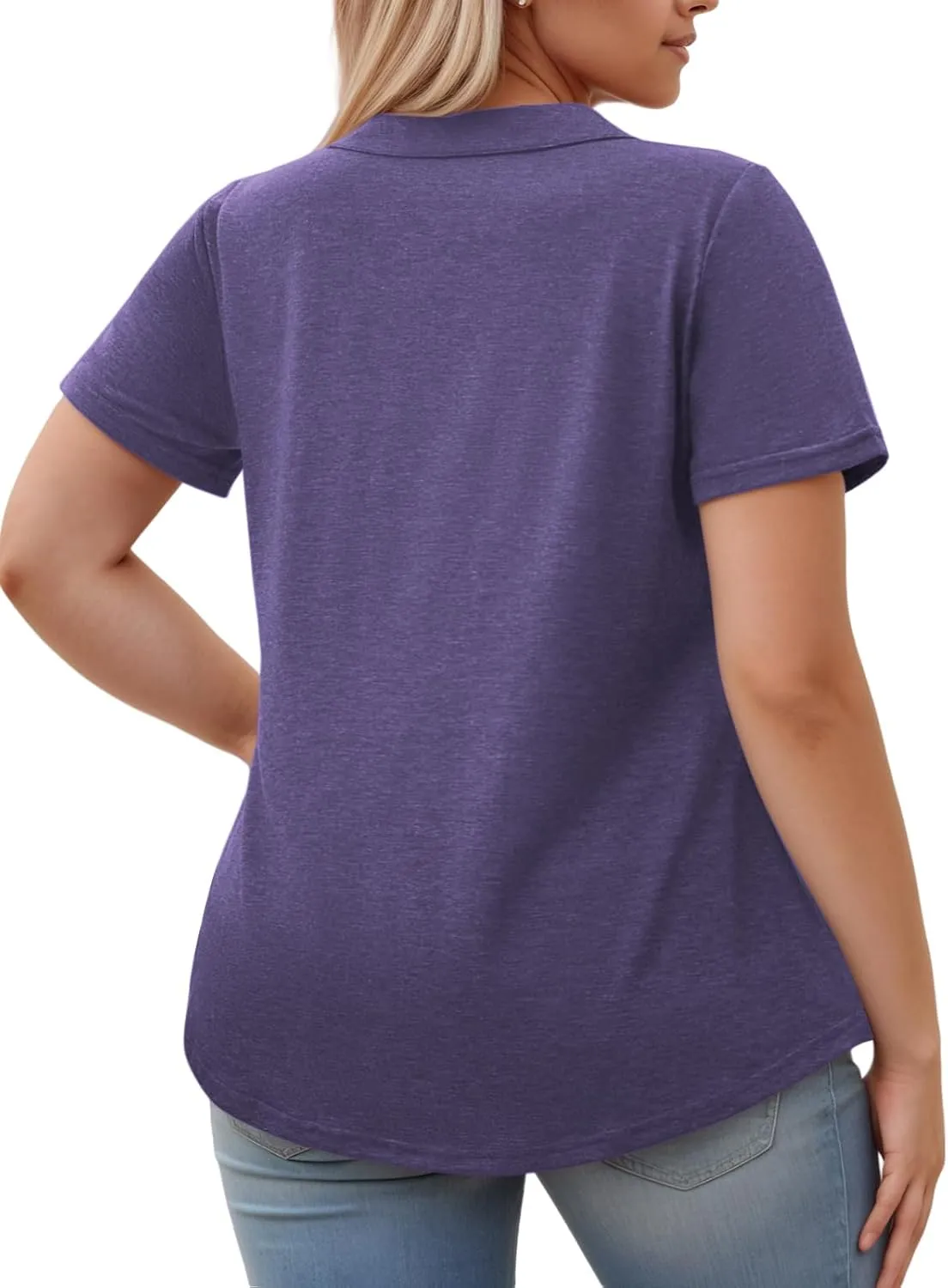 ROSRISS Plus-Size-Womens-Summer-Tops Casual Polo V Neck Work T Shirts Cute Flowy Pleated Blouses Trendy Short Sleeve Tunics