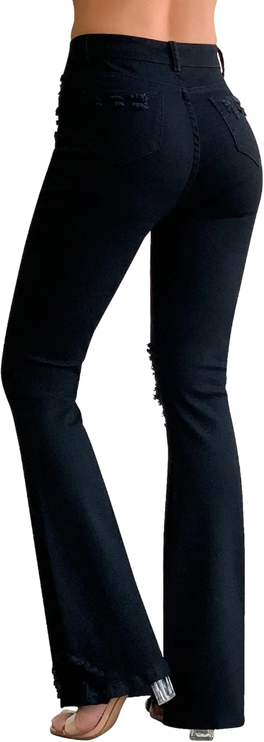 roswear Womens Bell Bottom Jeans High Rise Flare Jeans Ripped Stretchy Frayed Hem Denim Jeans with Holes