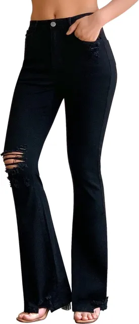 roswear Womens Bell Bottom Jeans High Rise Flare Jeans Ripped Stretchy Frayed Hem Denim Jeans with Holes