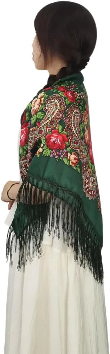Russian Style Muffler Warm Scarf with Tassel Women's Traditional Scarf Wrap Shawl Fringes Printing Cape