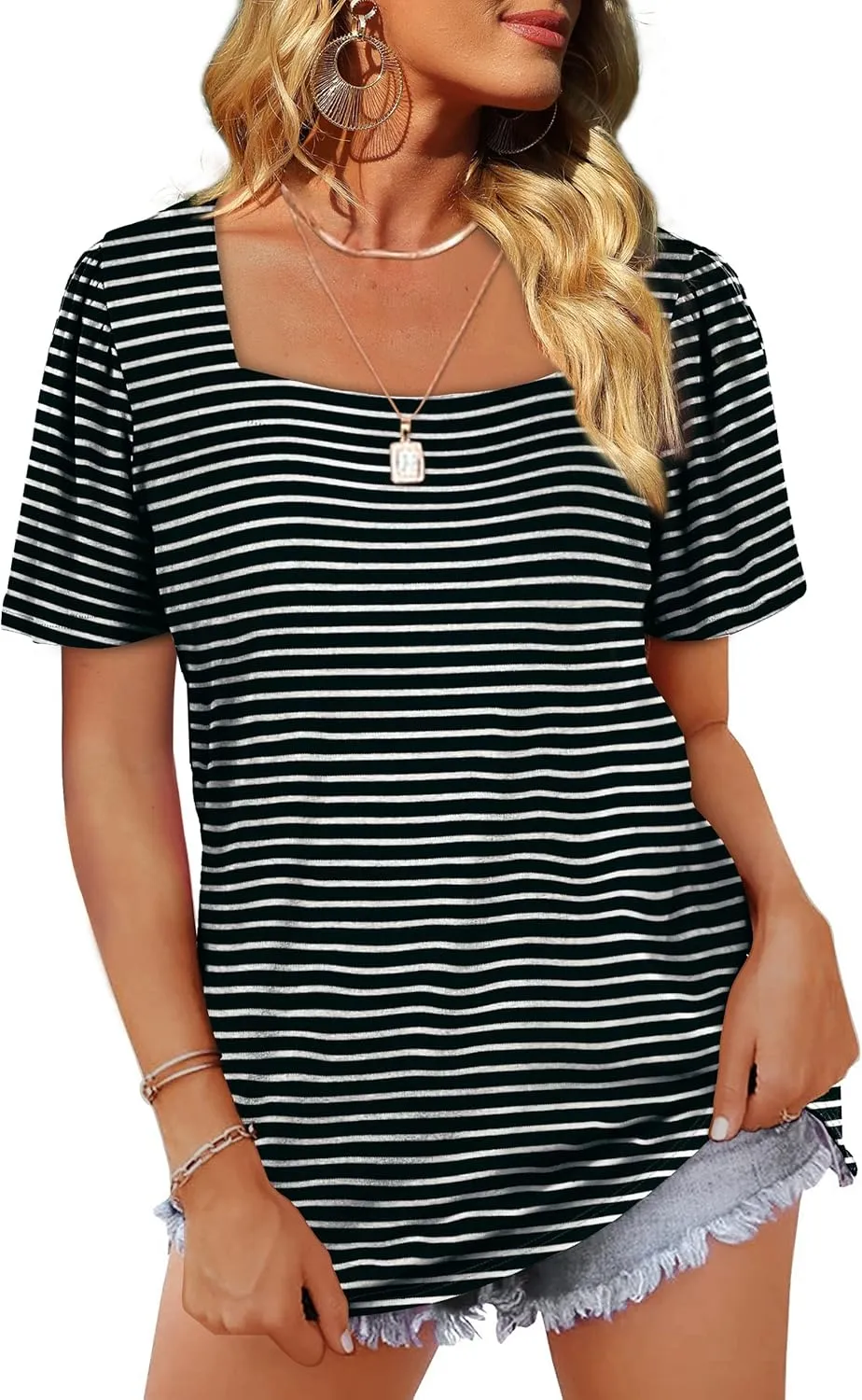 WIHOLL Womens Summer Tops Casual Square Neck Puff Short Sleeve T Shirts