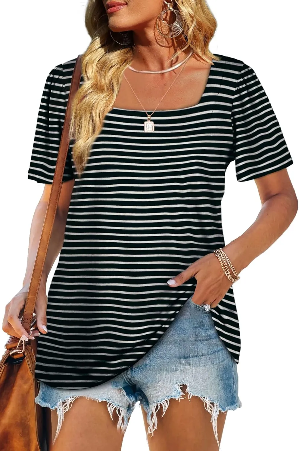 WIHOLL Womens Summer Tops Casual Square Neck Puff Short Sleeve T Shirts