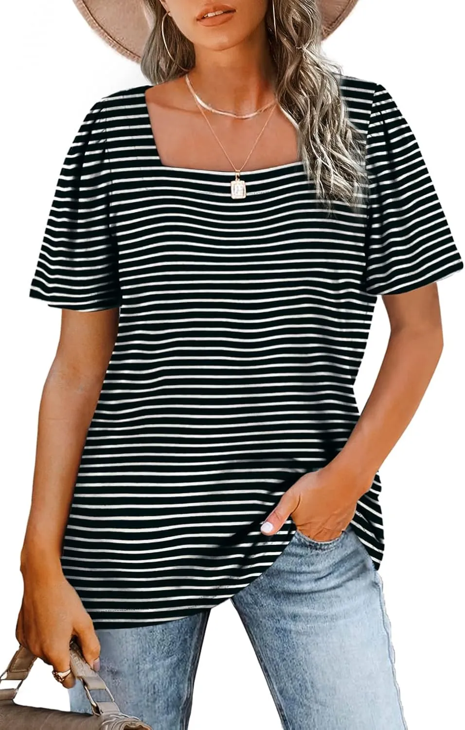WIHOLL Womens Summer Tops Casual Square Neck Puff Short Sleeve T Shirts