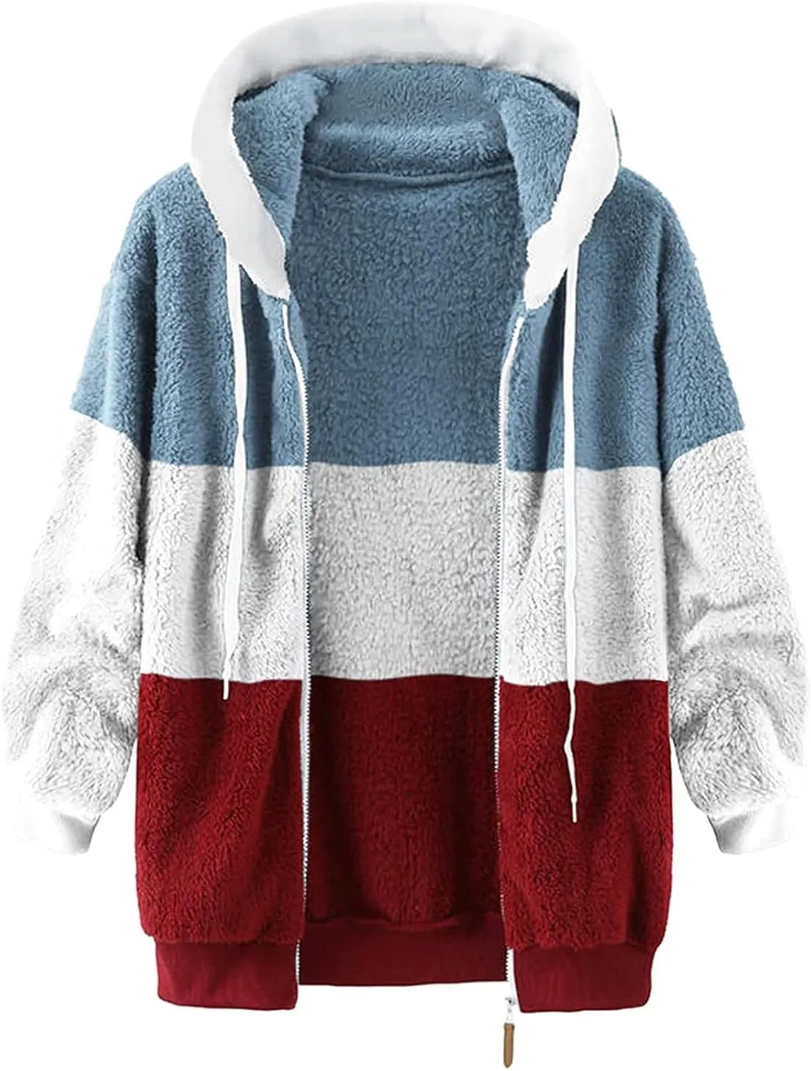 Winter Coats For Women Fuzzy Fleece Jacket Hooded Color Block Patchwork Cardigan Coat Outerwear With Pocket S-5XL