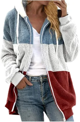 Winter Coats For Women Fuzzy Fleece Jacket Hooded Color Block Patchwork Cardigan Coat Outerwear With Pocket S-5XL