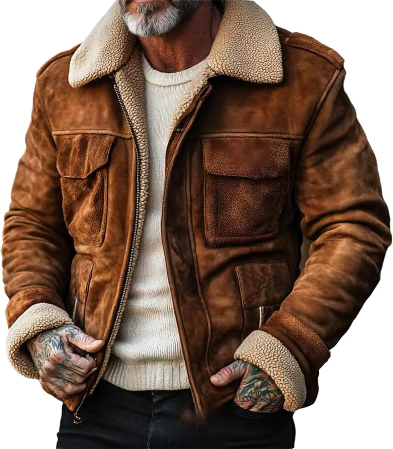 Winter Jacket for Men Warm Fleece Lined Sherpa Jacket Vintage Business Casual Bomber Jacket Coats
