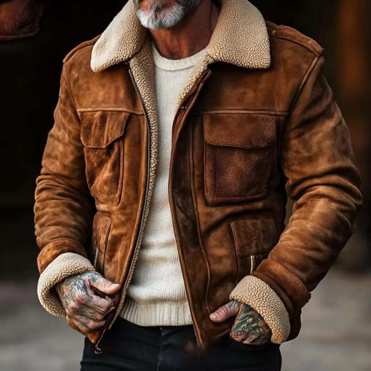 Winter Jacket for Men Warm Fleece Lined Sherpa Jacket Vintage Business Casual Bomber Jacket Coats