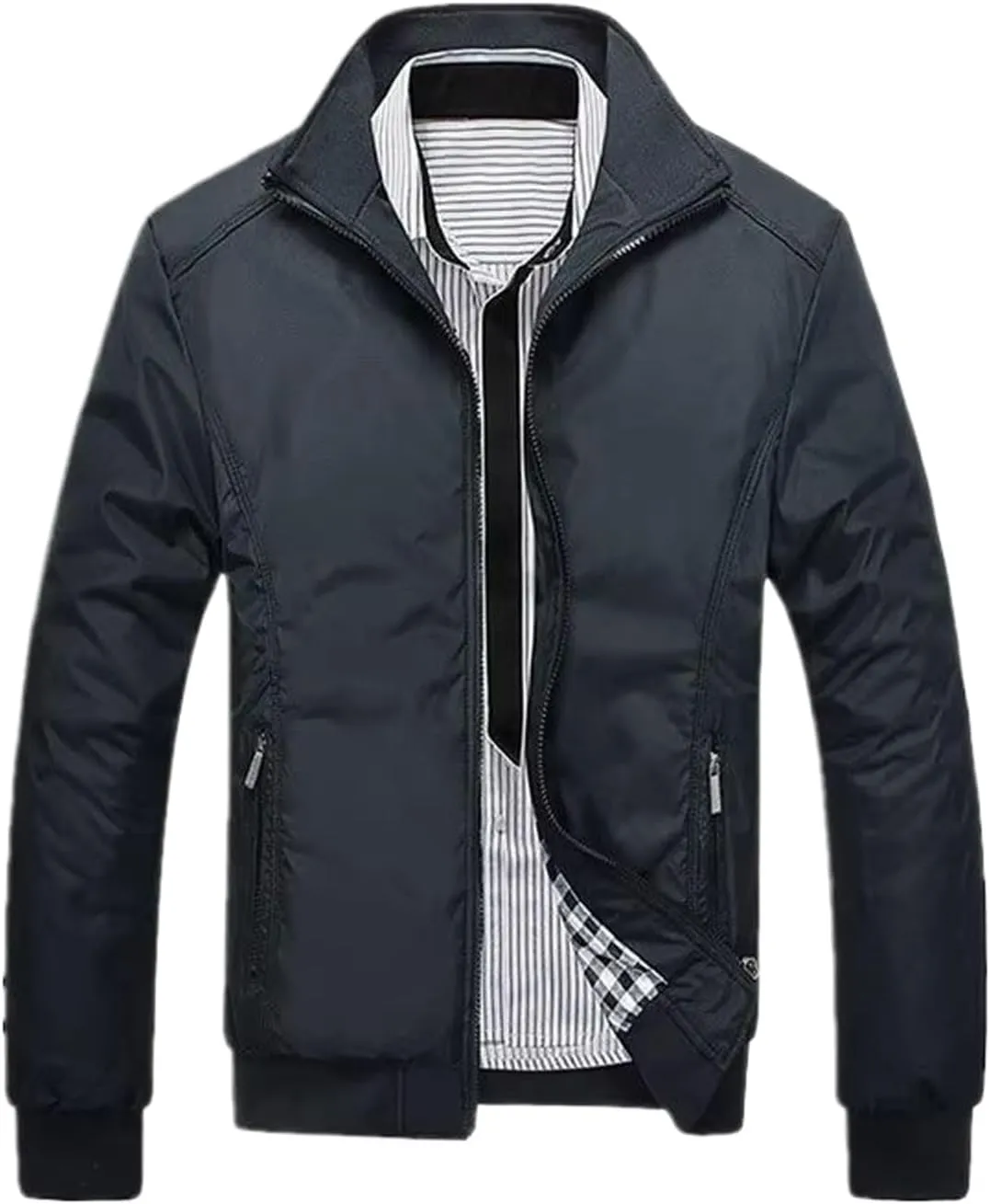 WOLONG Men's Stand Collar Zipper Bomber-Style Jacket Casual Windbreaker Coat