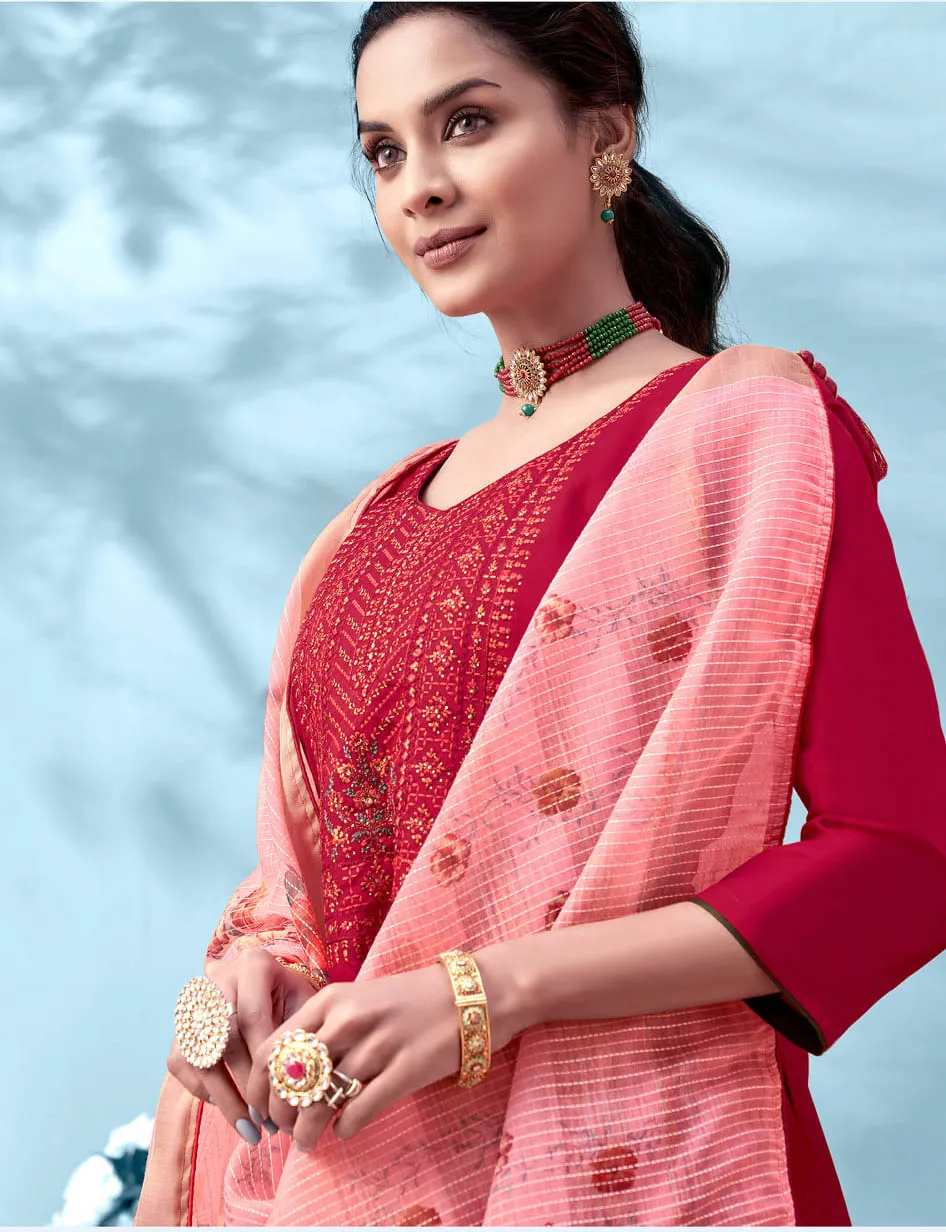 Women Red Cotton Unstitched Suit Material with Embroidery