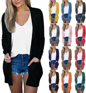 Women's Casual Open Front Cardigan Long Sweaters Plus Size Solid Color Long Sleeve Sweaters Outwear Coat with Pockets