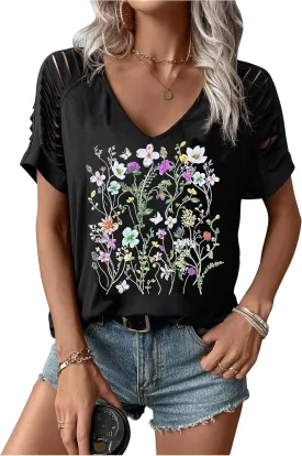 Womens Cut Out Cold Shoulder T Shirts Boho Floral Graphic Tshirts Nashville Country Lacerated Sleeve Cowgirls Tee Tops