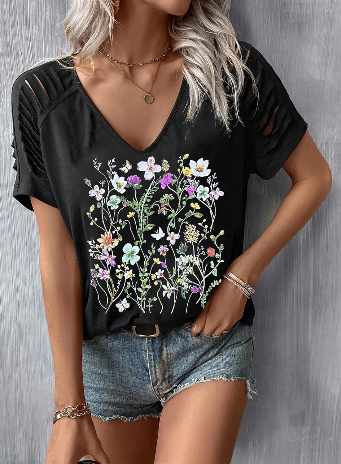 Womens Cut Out Cold Shoulder T Shirts Boho Floral Graphic Tshirts Nashville Country Lacerated Sleeve Cowgirls Tee Tops