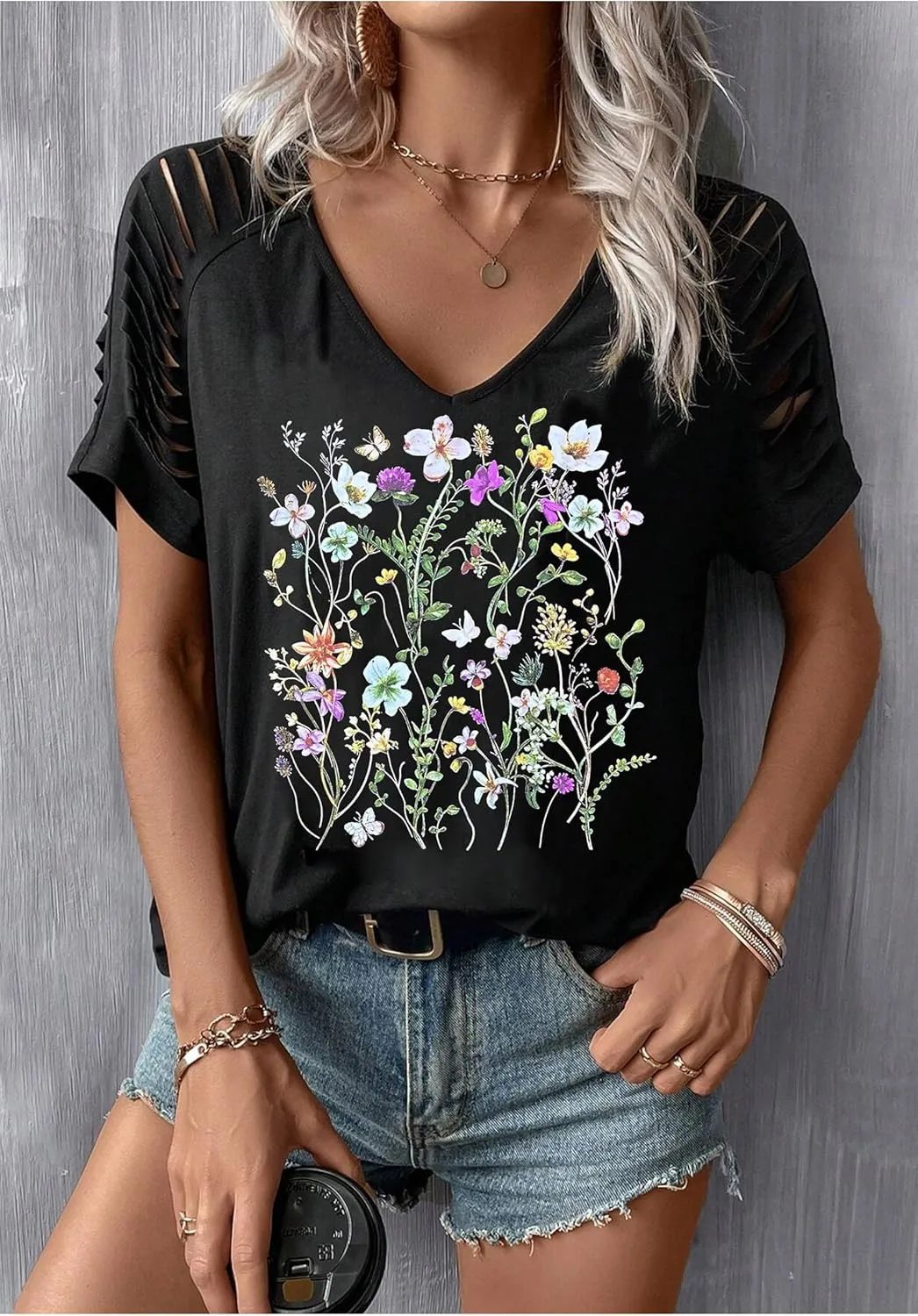 Womens Cut Out Cold Shoulder T Shirts Boho Floral Graphic Tshirts Nashville Country Lacerated Sleeve Cowgirls Tee Tops