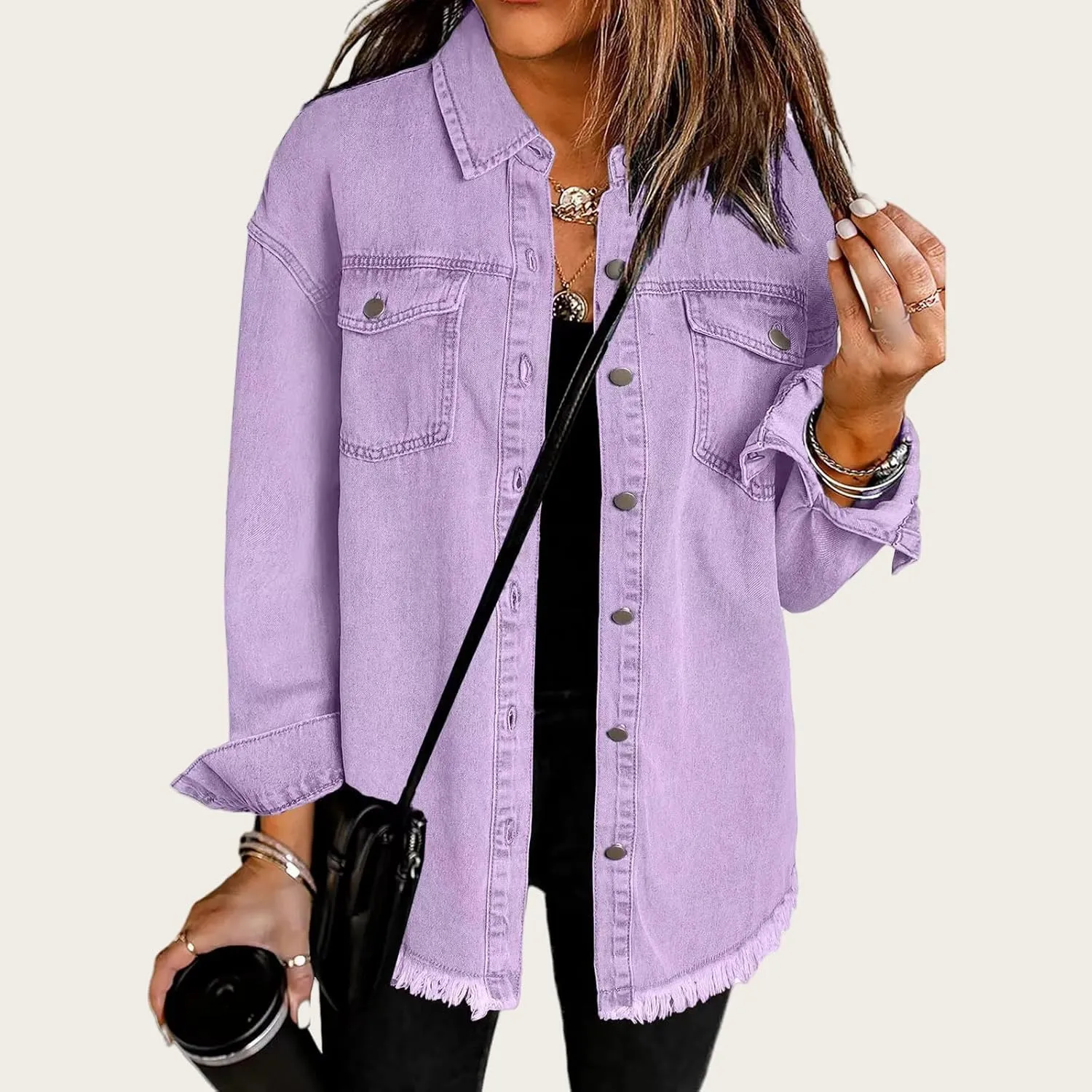 Womens Denim Jacket Oversized Button Down Frayed Hem Shacket Long Sleeve Lapel Shirt Casual Boyfriend Jacket