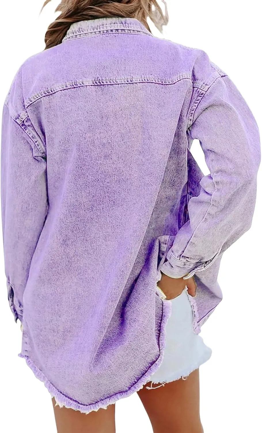 Womens Denim Jacket Oversized Button Down Frayed Hem Shacket Long Sleeve Lapel Shirt Casual Boyfriend Jacket