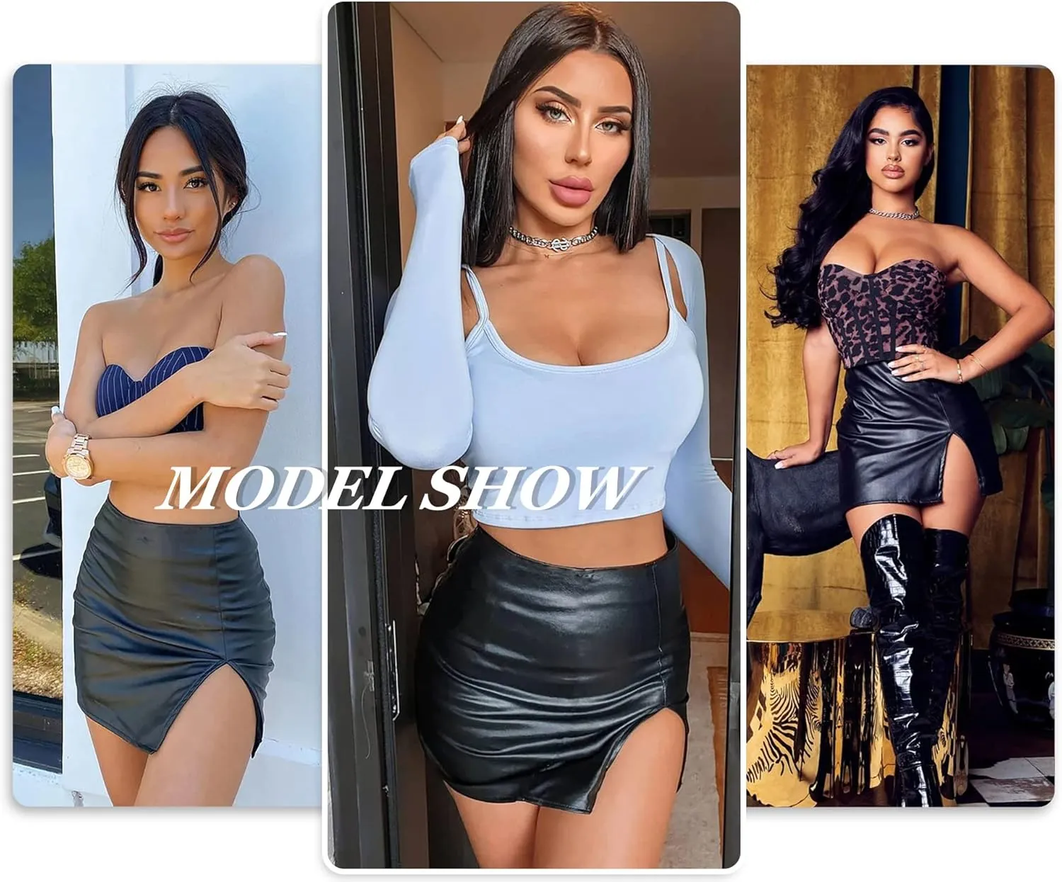 Women??s High Waist Short Skirts Pu Leather Bodycon Mini Skirts Sexy Split Hem Mini Pencil Skirts for Club