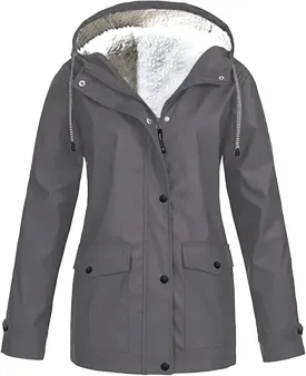 Women's Plus Size Fleece Lined Jacket Waterproof Windproof Snow Ski Hooded Raincoats Outdoor Lightweight Trench Coat