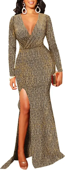 Women's Sexy Long Sleeve Sparkly Maxi Dress V Neck High Slit Wrap Formal Gown Cocktail Glitter Maxi Long Dresses