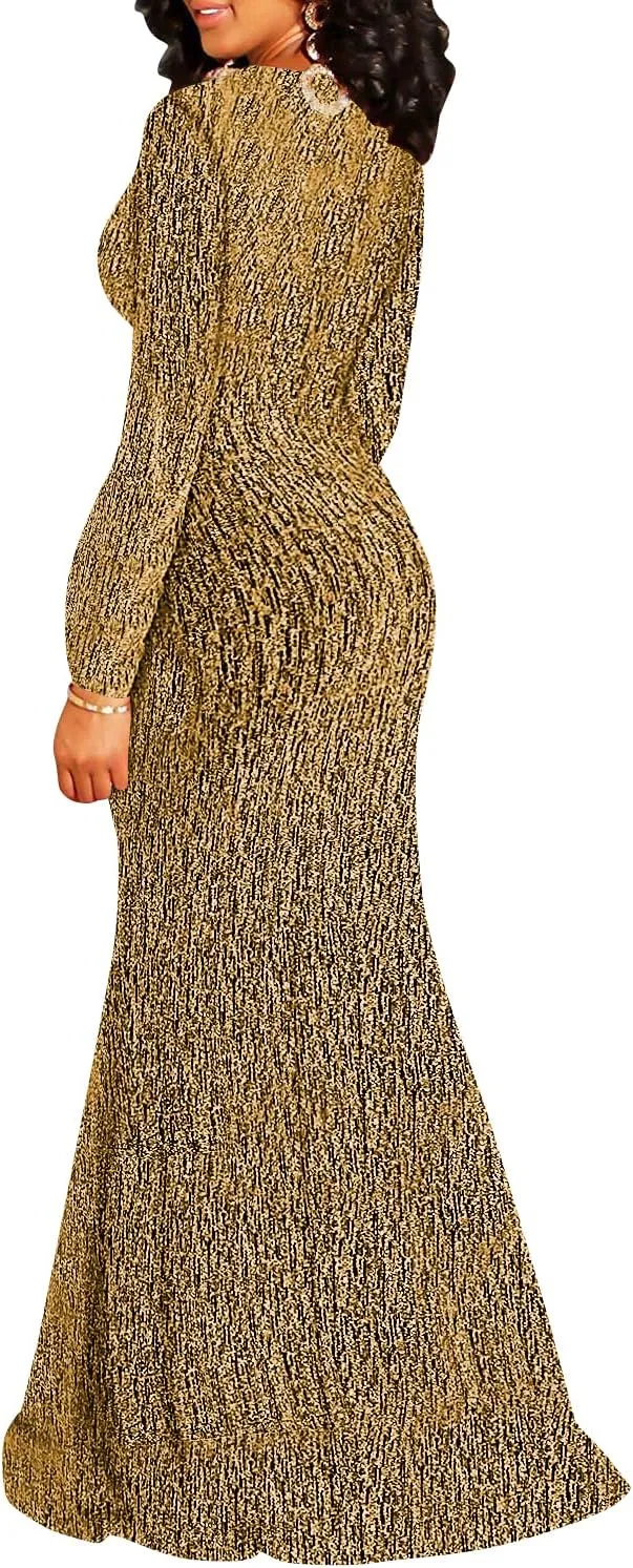 Women's Sexy Long Sleeve Sparkly Maxi Dress V Neck High Slit Wrap Formal Gown Cocktail Glitter Maxi Long Dresses