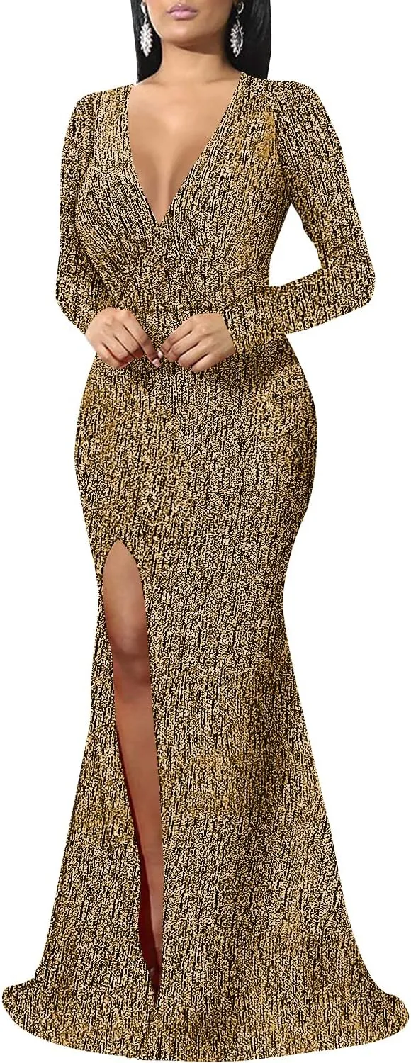 Women's Sexy Long Sleeve Sparkly Maxi Dress V Neck High Slit Wrap Formal Gown Cocktail Glitter Maxi Long Dresses