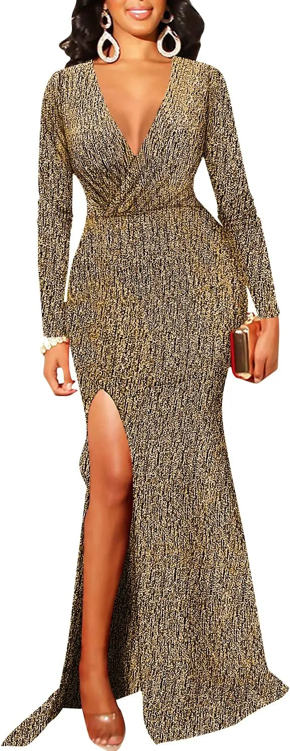Women's Sexy Long Sleeve Sparkly Maxi Dress V Neck High Slit Wrap Formal Gown Cocktail Glitter Maxi Long Dresses
