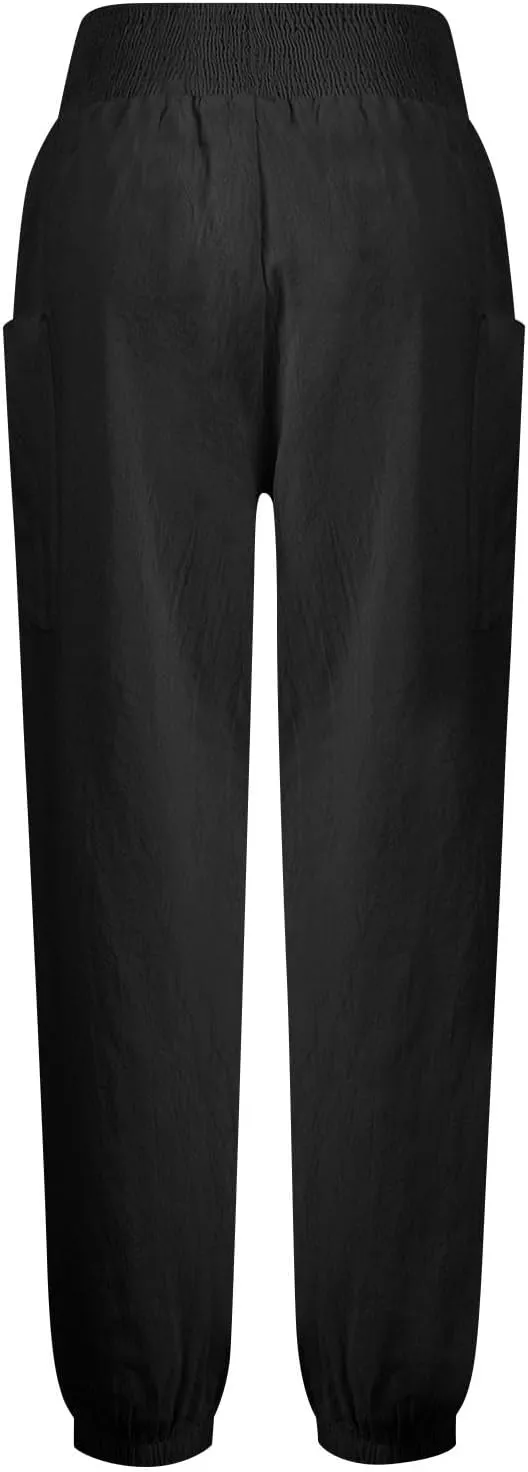 Women's Sweatpants Summer Boho Smocked High Waisted Cargo Long Pants Loose Casual Solid Tapered Trousers with Pockets