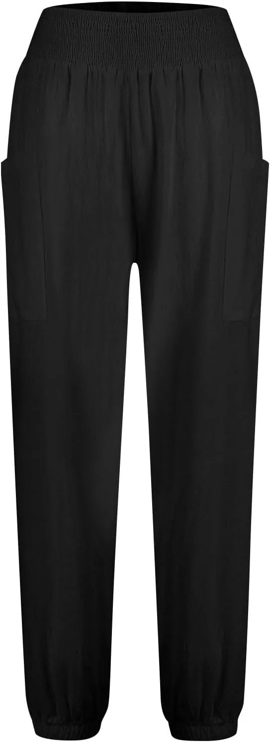 Women's Sweatpants Summer Boho Smocked High Waisted Cargo Long Pants Loose Casual Solid Tapered Trousers with Pockets