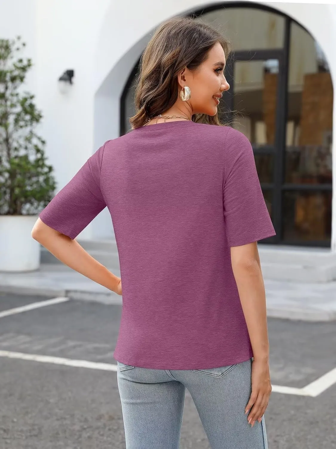 Women's V Neck T Shirts Half Sleeve Tops Casual Solid Summer Tees