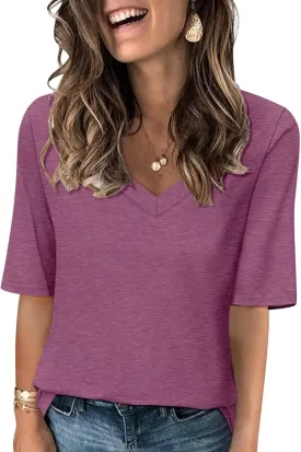 Women's V Neck T Shirts Half Sleeve Tops Casual Solid Summer Tees