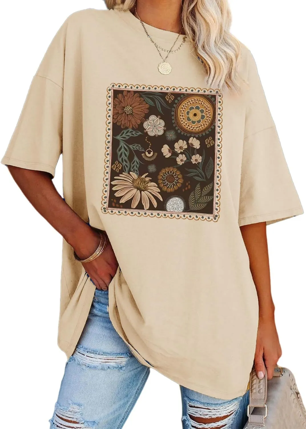 YEXIPO Women's Oversized T Shirts Summer Short Sleeve Loose Fit Casual Crewneck Plain Tunic Tops