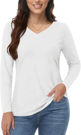 YUCOLEN Womens Long Sleeve T Shirts V Neck Cotton Basic Tees Soft Casual Fall Tops for Women 2025